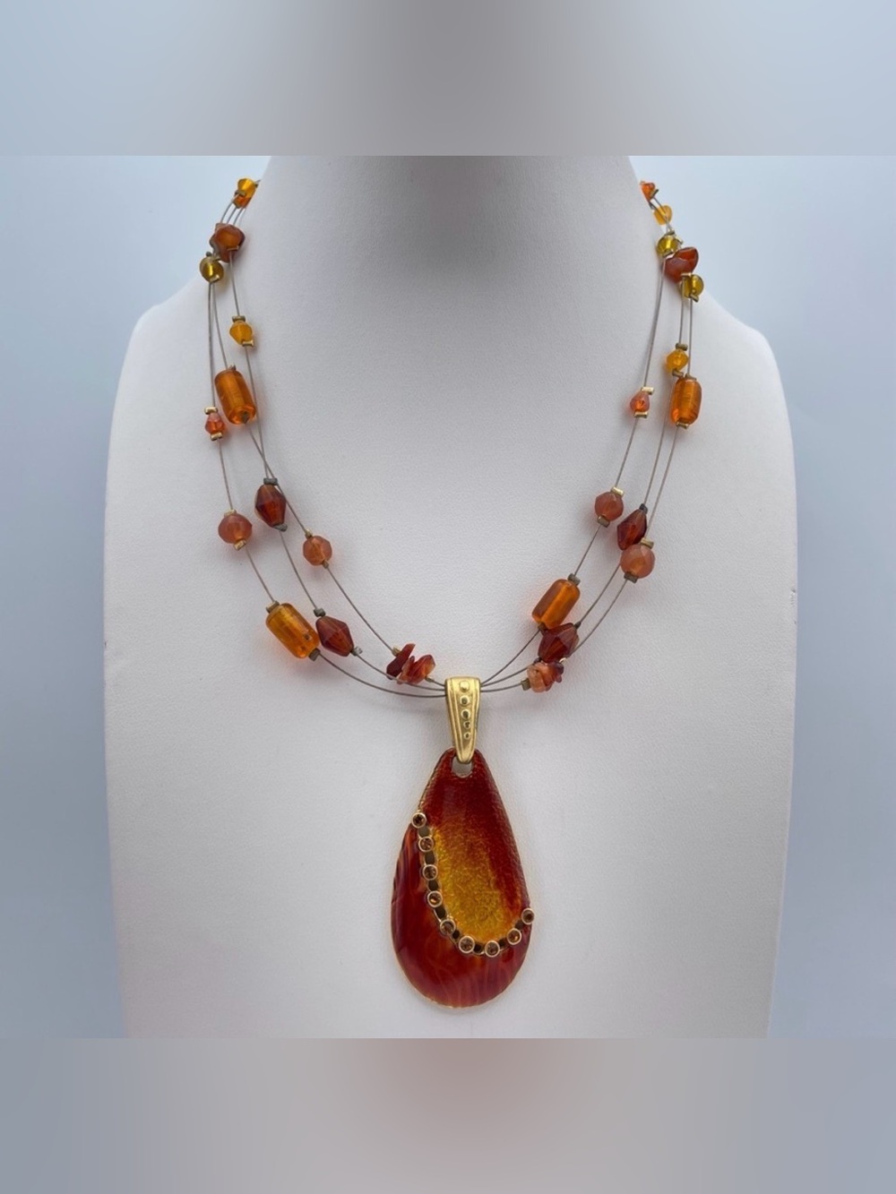 Chico’s Orange & Amber Multi-Strand Necklace with Teardrop Pendant